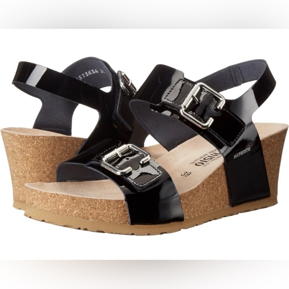 Mephisto Lissandra Black Patent Leather Comfort Wedge Sandal
